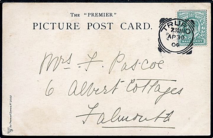 ½d Edward VII på brevkort annulleret med Squared Circle Postmark Truro d. 30.4.1904 til Falmouth.
