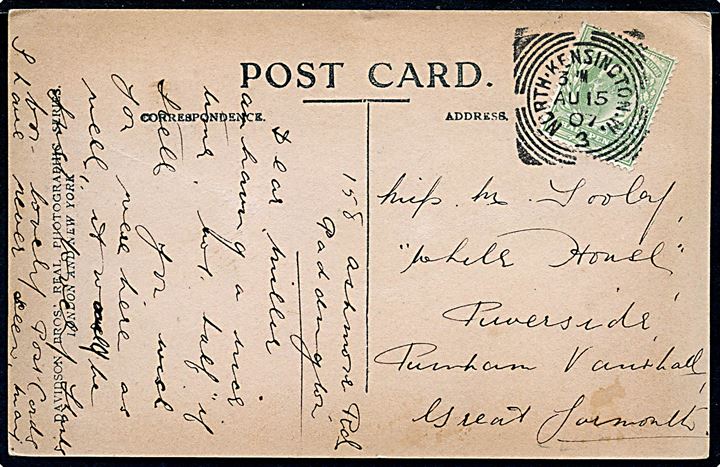 ½d Edward VII på brevkort annulleret med Squared Circle Postmark North Kensington.W. d. 15.8.1907 til Falmouth.