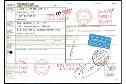 2500 øre og 9900 øre posthusfranko på internationalt adressekort for luftpostpakke fra Ringsted d. 2.9.1981 til Johannesburg, Sydafrika. Afg.stemplet med parentes stempel Ringsted (Ringsted 1) sn1 d. 2.9.1981. Arkivhul. 