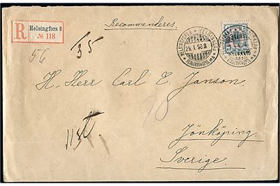 1 mk. Våben single på anbefalet brev fra Helsingfors d. 29.1.1898 til Jönköping, Sverige.