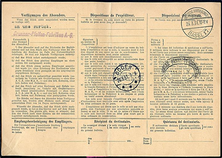 Internationalt adressekort for pakke fra Prag d. 19.9.1931 via Bodenbach, Dresden og Flensburg til Odder, Danmark. 