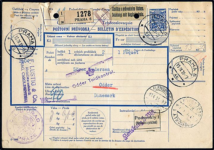 5 c. Tell Knabe og 1,50 fr. Våben (3) på internationalt adressekort for værdipakke fra Kleinlützel d. 25.3.1931 via Basel og Flensburg til Odder, Danmark.
