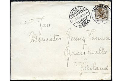 20 øre Chr. X på brev annulleret med brotype IIIb Snekkersten d. 31.7.1924 til Grankulla, Finland. Fra 1.6.1922 blev post til Finland takseret som til de øvrige nordiske lande.