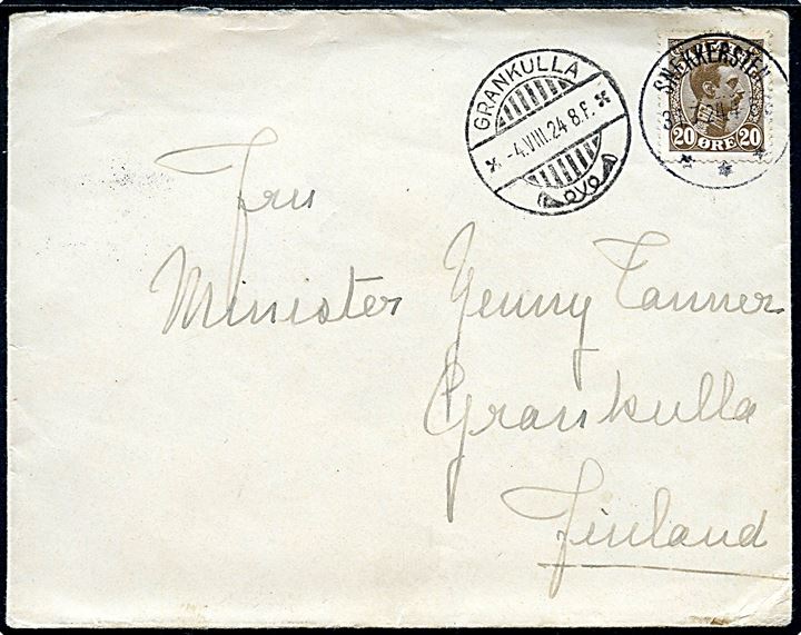 20 øre Chr. X på brev annulleret med brotype IIIb Snekkersten d. 31.7.1924 til Grankulla, Finland. Fra 1.6.1922 blev post til Finland takseret som til de øvrige nordiske lande.