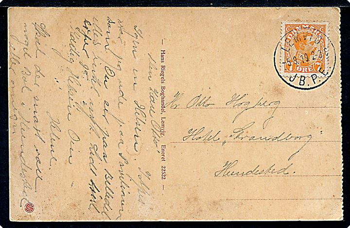 7 øre Chr. X på brevkort (Lemvig, kystparti ved anlægget) annulleret med brotype IIIb Lemvig JB.P.E. d. 5.9.1919 til Hundested.