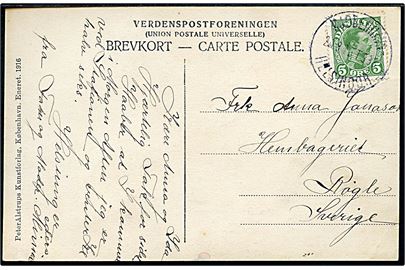 5 øre Chr. X på  brevkort annulleret med bureaustempel Kjøbenhavn - Helsingør T.333 d. 20.8.1915 til Røgle, Sverige.