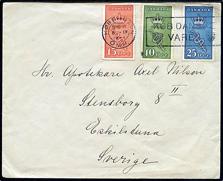 Komplet sæt Kræftmærker på brev fra København d. 8.9.1929 til Eskilstuna, Sverige.