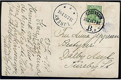 5 øre Chr. X på brevkort fra Kjøbenhavn d. 28.2.1916 til Dalby Asyl pr. Tureby St. Ank.stemplet med brotype IIIb Thureby d. 28.2.1916.