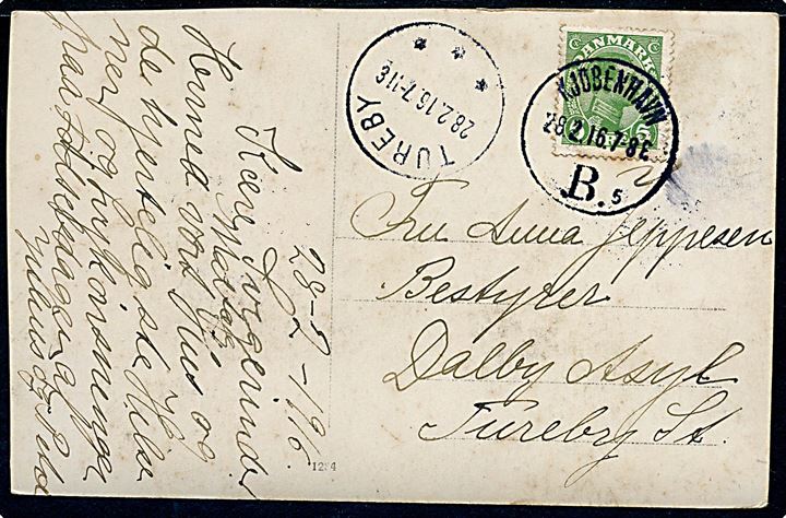 5 øre Chr. X på brevkort fra Kjøbenhavn d. 28.2.1916 til Dalby Asyl pr. Tureby St. Ank.stemplet med brotype IIIb Thureby d. 28.2.1916.