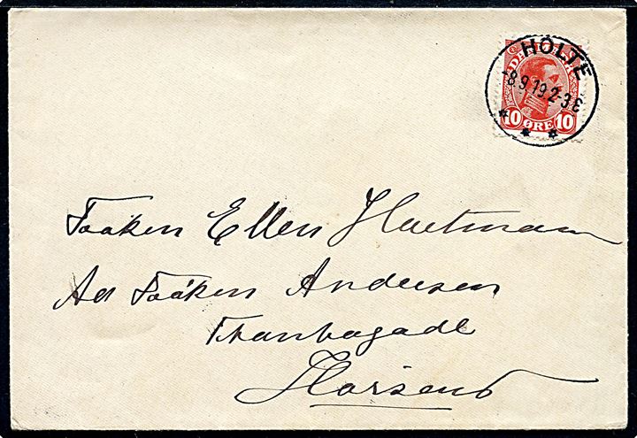 10 øre Chr. X på brev annulleret med brotype IIIb Holte d. 8.9.1919 til Horsens.