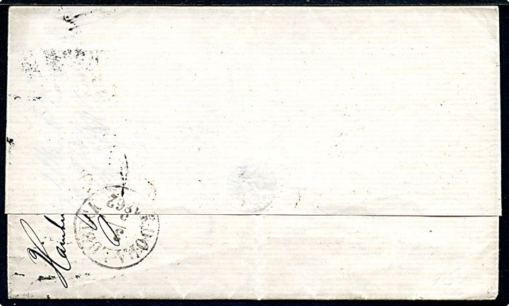 4 sk. 1858 udg. på brev annulleret med nr.stempel 2 og sidestemplet lapidar K.D.O.P.A. Hamburg d. 2.5.1862 via antiqua K.D.O.P.A. Lübeck d. 3.5.1862 til Bellevue på Fehmarn. Lapidar stempel benyttet 5 dage tidligere end registreret af Bendix.
