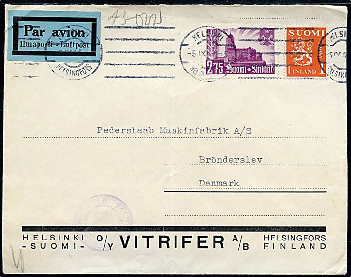 1 mk. Løve og 2,75 mk. Wiborg på luftpostbrev fra Helsingfors d. 5.9.1941 til Brønderslev, Danmark. Både finsk og dansk censur.