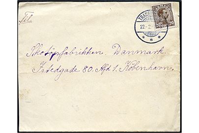 20 øre Chr. X på brev med indhold annulleret med brotype Ig Trangisvaag d. 22.2.1926 til København.