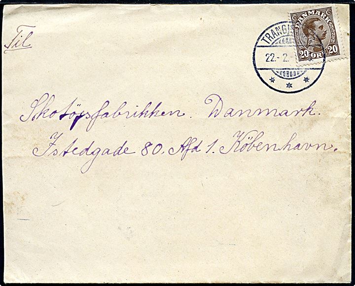 20 øre Chr. X på brev med indhold annulleret med brotype Ig Trangisvaag d. 22.2.1926 til København.