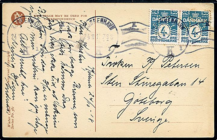 4 øre Bølgelinie (par) med perfin MLU (Mejeriernes & Landbrugets Ulykkeforsikring) på brevkort fra Kjøbenhavn d. 24.10.1918 til Göteborg, Sverige.
