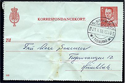 30 øre Fr. IX helsagskorrespondancekort fra Itzehoe annulleret Det danske Kommando / II - II / * i Tyskland * d. 23.4.1956 til Humlebæk. Folder.
