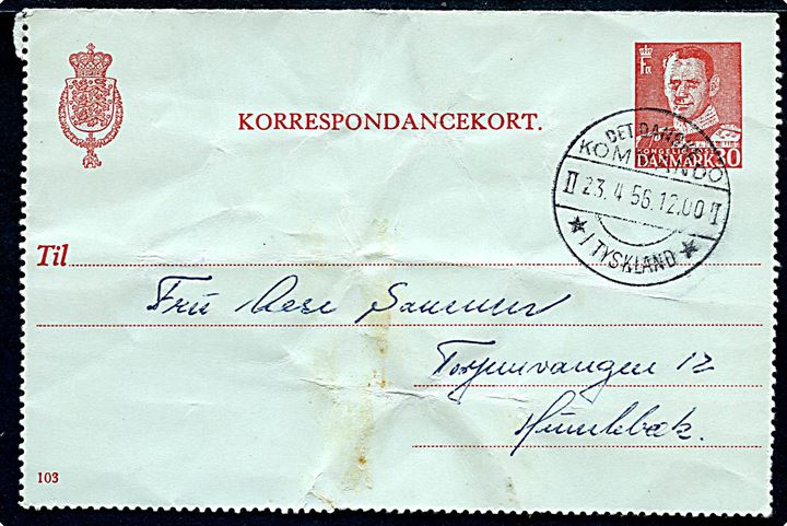 30 øre Fr. IX helsagskorrespondancekort fra Itzehoe annulleret Det danske Kommando / II - II / * i Tyskland * d. 23.4.1956 til Humlebæk. Folder.