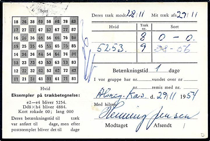 12 øre Bølgelinie på skak-kort sendt som tryksag og annulleret med pr.-stempel Almegaards Kaserne pr. Rønne d. 29.11.1954 til Løgumkloster. 