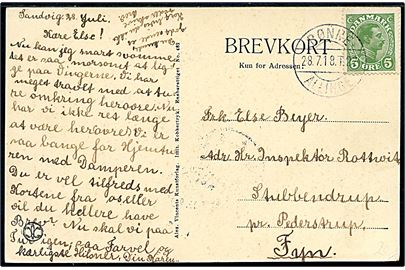5 øre Chr. X på brevkort fra Sandvig annulleret bureau Rønne - Allinge T.22 d. 28.7.1918 til Pederstrup.