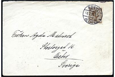 20 øre Chr. X på brev fra Sandvig annulleret med bureaustempel Rønne - Allinge T.26 d. 6.7.1923 til Örebro, Sverige.