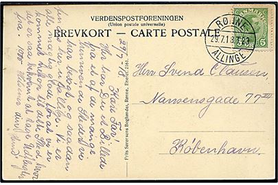 5 øre Chr. X på brevkort (Dampskib ved Rø) annulleret med bureaustempel Rønne - Allinge T.23 d. 29.7.1918 til København.