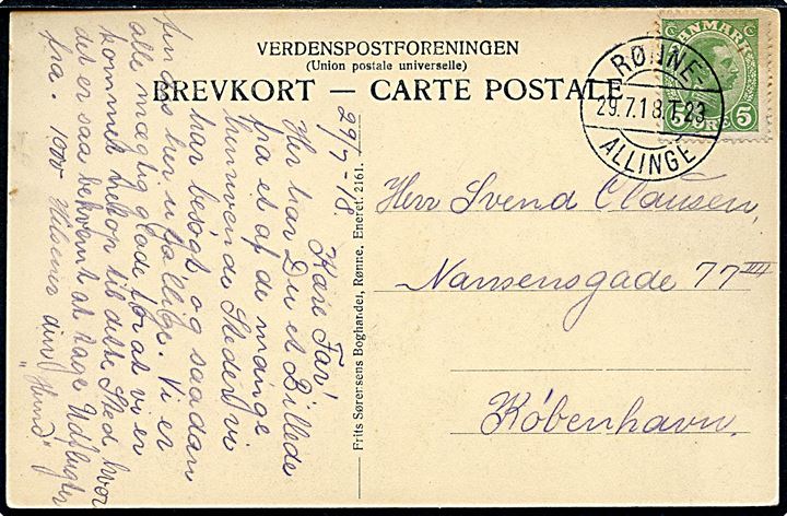 5 øre Chr. X på brevkort (Dampskib ved Rø) annulleret med bureaustempel Rønne - Allinge T.23 d. 29.7.1918 til København.
