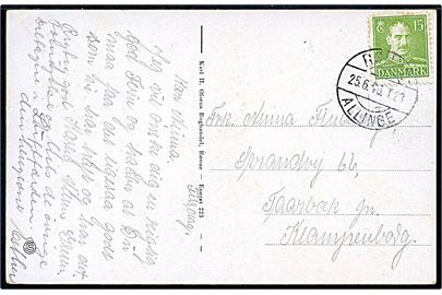 15 øre Chr. X på brevkort (klipper ved Gudhjem) annulleret med bureaustempel Rønne - Allinge T.28 d. 25.6.1946 til Taarbæk pr. Klampenborg. 