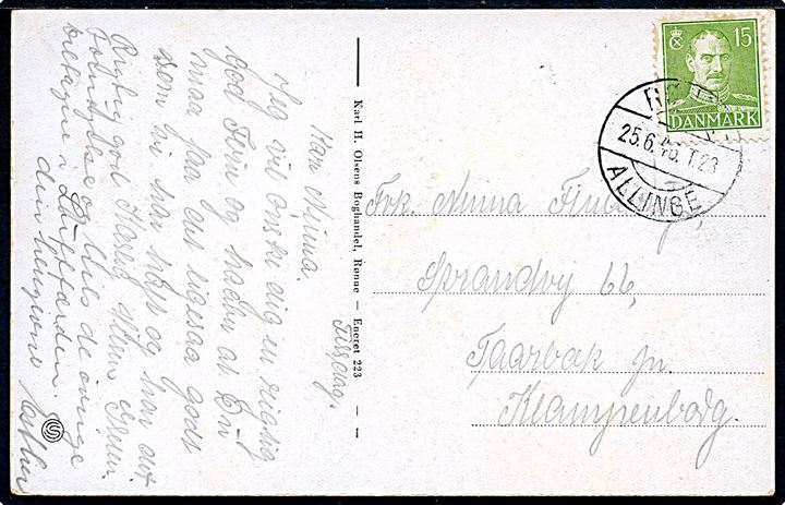 15 øre Chr. X på brevkort (klipper ved Gudhjem) annulleret med bureaustempel Rønne - Allinge T.28 d. 25.6.1946 til Taarbæk pr. Klampenborg. 