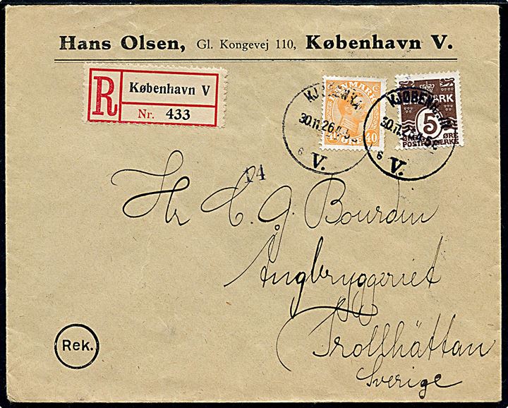 5 øre Bølgelinie og 40 øre Chr. X på anbefalet brev fra Kjøbenhavn d. 30.11.1926 til Trollhättan, Sverige.