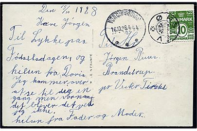 10 øre Bølgelinie på brevkort annulleret med stjernestempel ØRSLEV og sidestemplet Vordingborg d. 16.10.1928 til Vester Tirsted. Frimærke yderligt placeret.