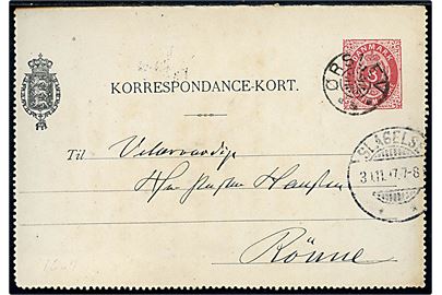 8 øre helsagskorrespondancekort - FORSIDE - annulleret med stjernestempel ØRSLEV og sidestemplet Slagelse d. 30.11.1897 til Rønne.