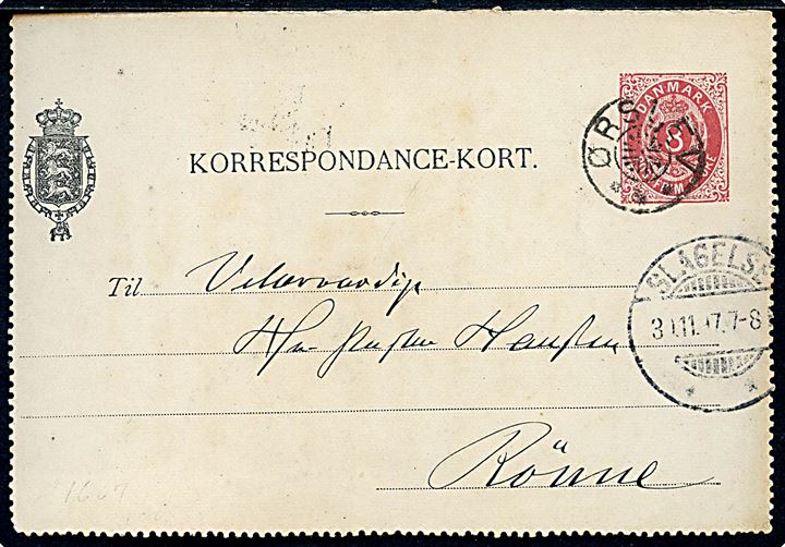 8 øre helsagskorrespondancekort - FORSIDE - annulleret med stjernestempel ØRSLEV og sidestemplet Slagelse d. 30.11.1897 til Rønne.