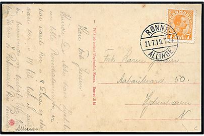 7 øre Chr. X på brevkort (Udsigt fra Langbjerg, Sandvig) annulleret med bureaustempel Rønne - Allinge T.24 d. 21.7.1919 til København.