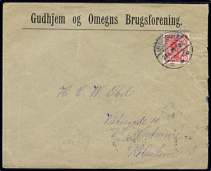 10 øre Chr. X på kuvert fra Gudhjem og Omegns Brugsforening annulleret med brotype IIa Helligdommen d. 28.6.1914 til København.