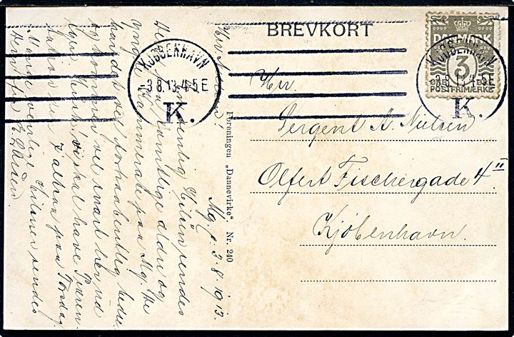 3 øre Bølgelinie på lokalt brevkort (Middelgrundfortet) dateret Mg (= Middelgrund) og stemplet d. 3.8.1913.