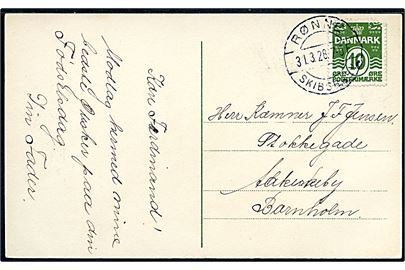 10 øre Bølgelinie på brevkort annulleret med brotype IIb Rønne Skibsbrev d. 31.3.1928 til Aakirkeby.