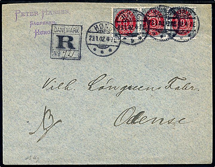 8 øre Tofarvet omv. rm. i vandret 3-stribe på anbefalet brev fra Høng d. 23.1.1902 til Odense.