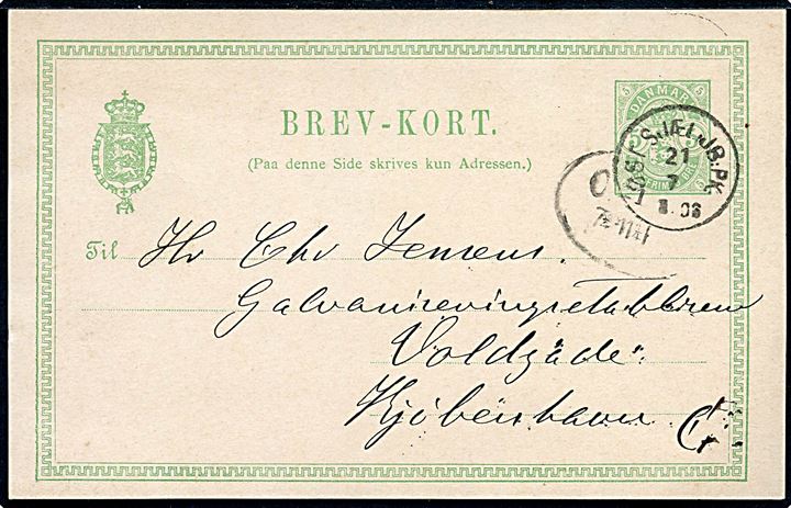 5 øre Våben helsagsbrevkort fra Faxe Ladeplads annulleret med lapidar bureaustempel Øst:Sjæl:JB:PK: d. 21.7.1894 til Kjøbenhavn.