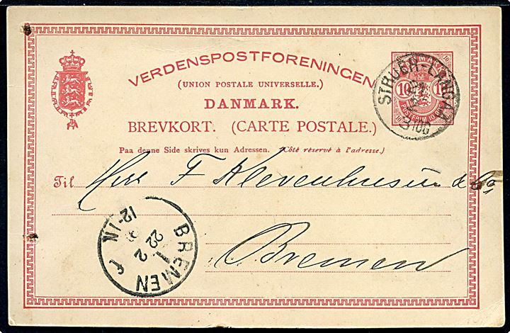 10 øre Våben helsagsbrevkort fra Viborg annulleret med lapidar bureaustempel Struer - Langaa 3 Tog d. 21.2.1891 til Bremen, Tyskland. 2 nålehuller.