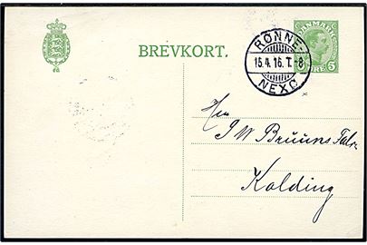 5 øre Chr. X helsagsbrevkort fra Neksø annulleret med bureaustempel Rønne - Nexø T.8 d. 15.4.1916 til Kolding.