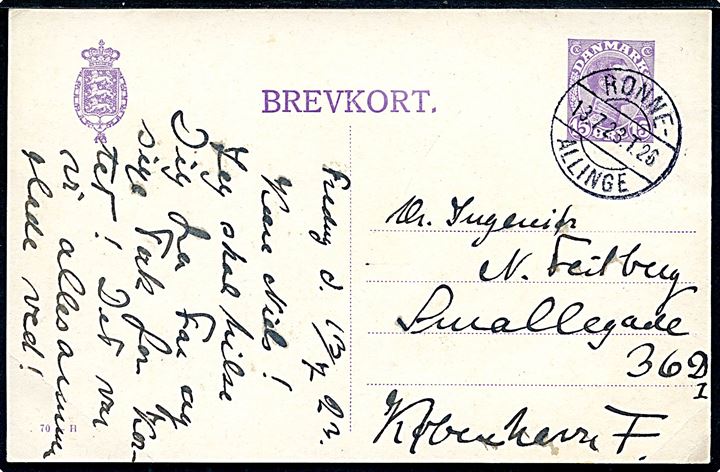 15 øre Chr. X helsagsbrevkort annulleret med bureaustempel Rønne - Allinge T.26 d. 13.7.1923 til København.