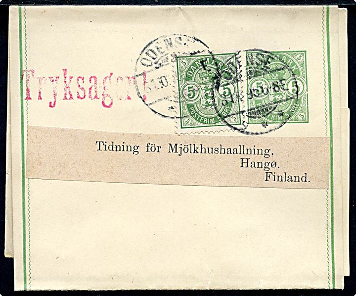 5 øre Våben helsags korsbånd opfrankeret med 5 øre Våben sendt som tryksag fra Miloske Bogtrykkeri i Odense d. 31.10.1895 til Hangö, Finland.