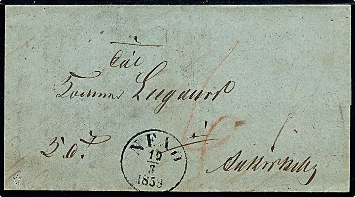 1858. Ufrankeret tjenestebrev påskrevet K.T. med antiqua Nexø d. 19.3.1858 til Aakirkeby. Påskrevet 6 sk. porto. Fuldt indhold.