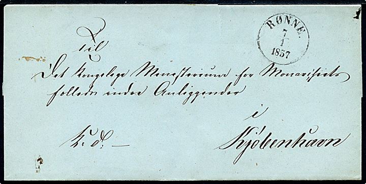 1857. Ufrankeret tjenestebrev mærket K.T. med antiqua Rønne. d. 7.1.1857 til Kjøbenhavn.