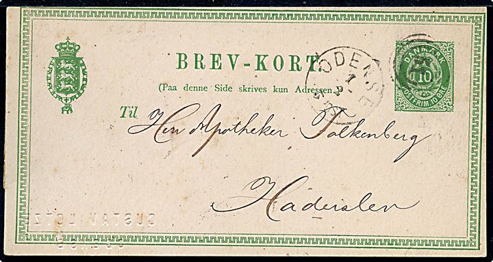 10 øre helsagsbrevkort annulleret med nr.stempel 51 og sidestemplet lapidar Odense d. 1.2.1878 til Haderslev, Slesvig.