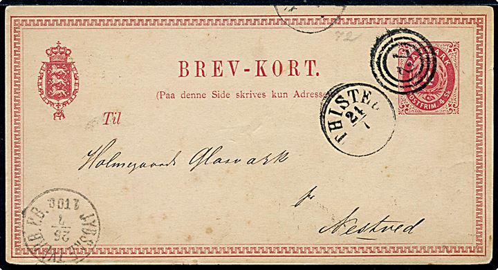 4 sk. helsagsbrevkort annulleret med nr.stempel 72 og sidestemplet antiqua Thisted d. 24.7.1871 via Jydske Tverb. P.B. til Næstved. 