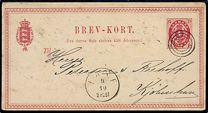 4 sk. helsagsbrevkort annulleret med nr.stempel 118 og sidestemplet lapidar Faxe d. 9.10.1874 til København.