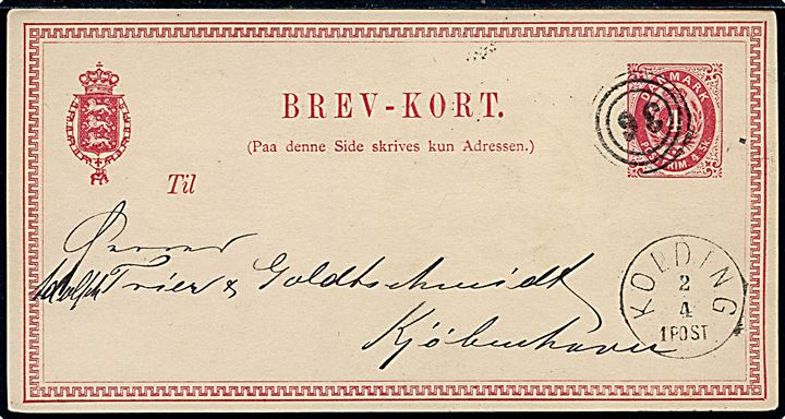4 sk. helsagsbrevkort annulleret med nr.stempel 36 og sidestemplet lapidar Kolding d. 2.4.1873 til København.