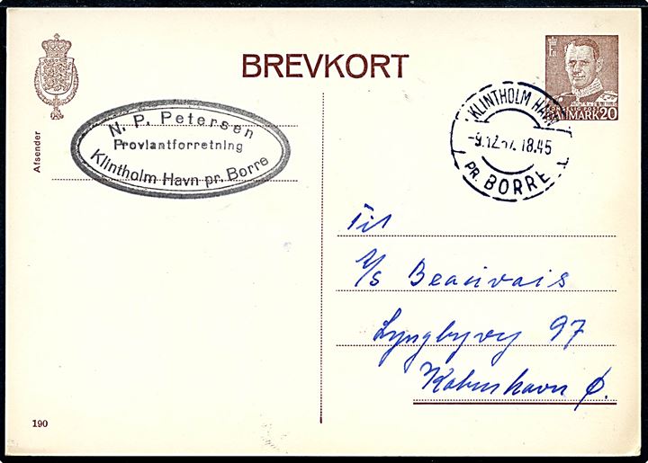 20 øre Fr. IX helsagsbrevkort annulleret med pr.-stempel Klintholm Havn pr. Borre d. 9.12.1957 til København.