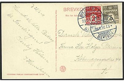 2 øre og 3 øre Bølgelinie på brevkort fra Nakskov annulleret med bureaustempel Nykjøbing F.-Nakskov T.6 d. 28.6.1910 til København.